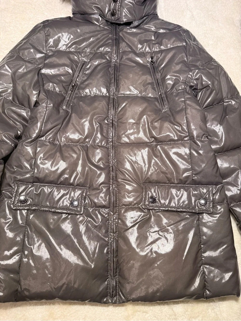 Zara Girls Gray Puffer Stitched Faux Fur Trim Hooded full zip Jacket size 13/14